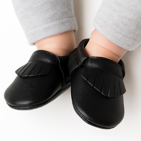 NWT Genuine Leather Baby Moccasins – Classic Black Fringe - 0-6 Months - Picture 1 of 6